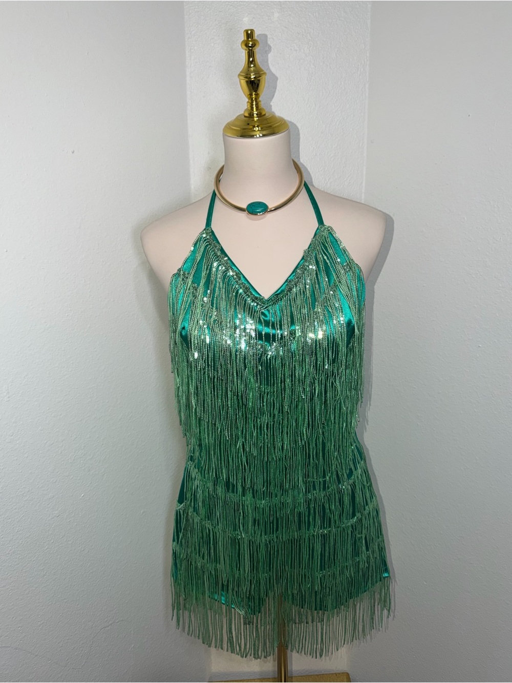 Emerald Green Sequin Fringe Halter Romper